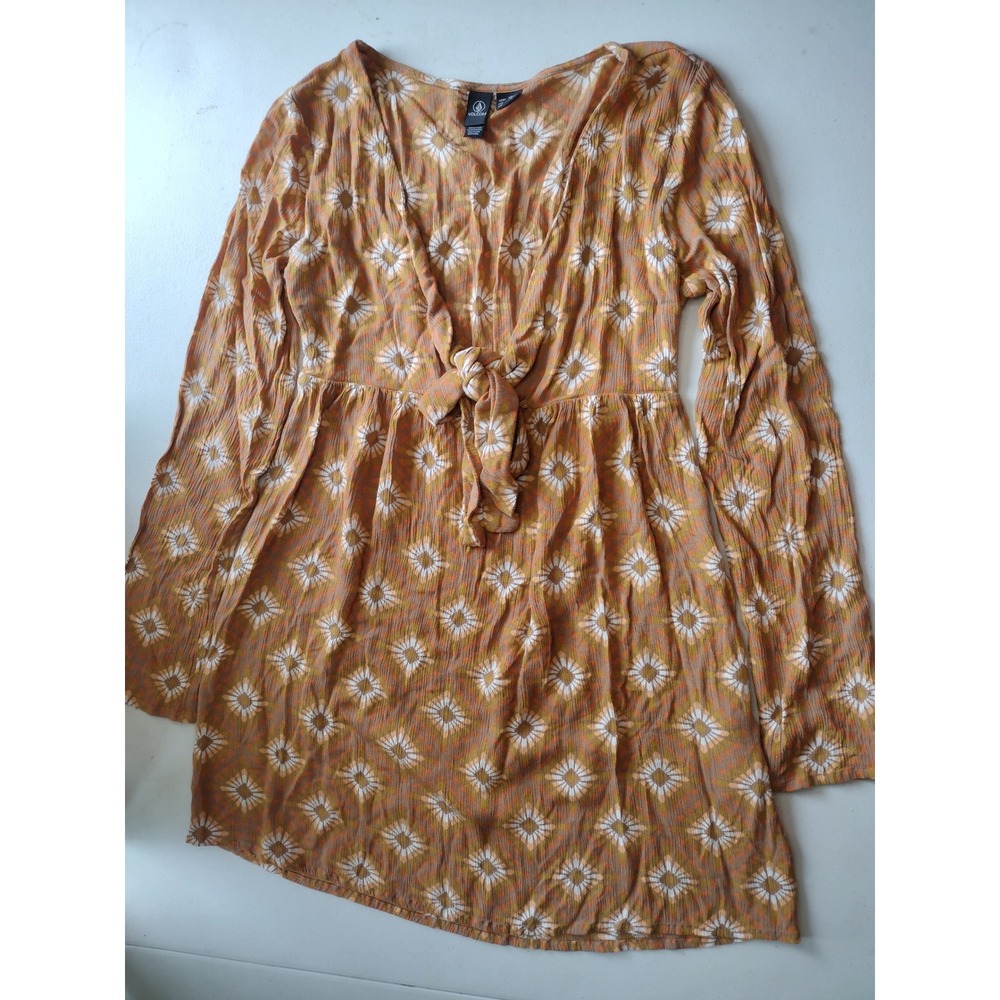 Volcom‎ Womens XS Mustard Orange Floral Geometric Tie Front Mini Dress